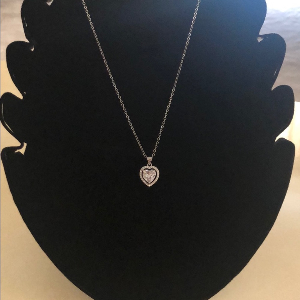 Silver tone heart simulated diamond necklace